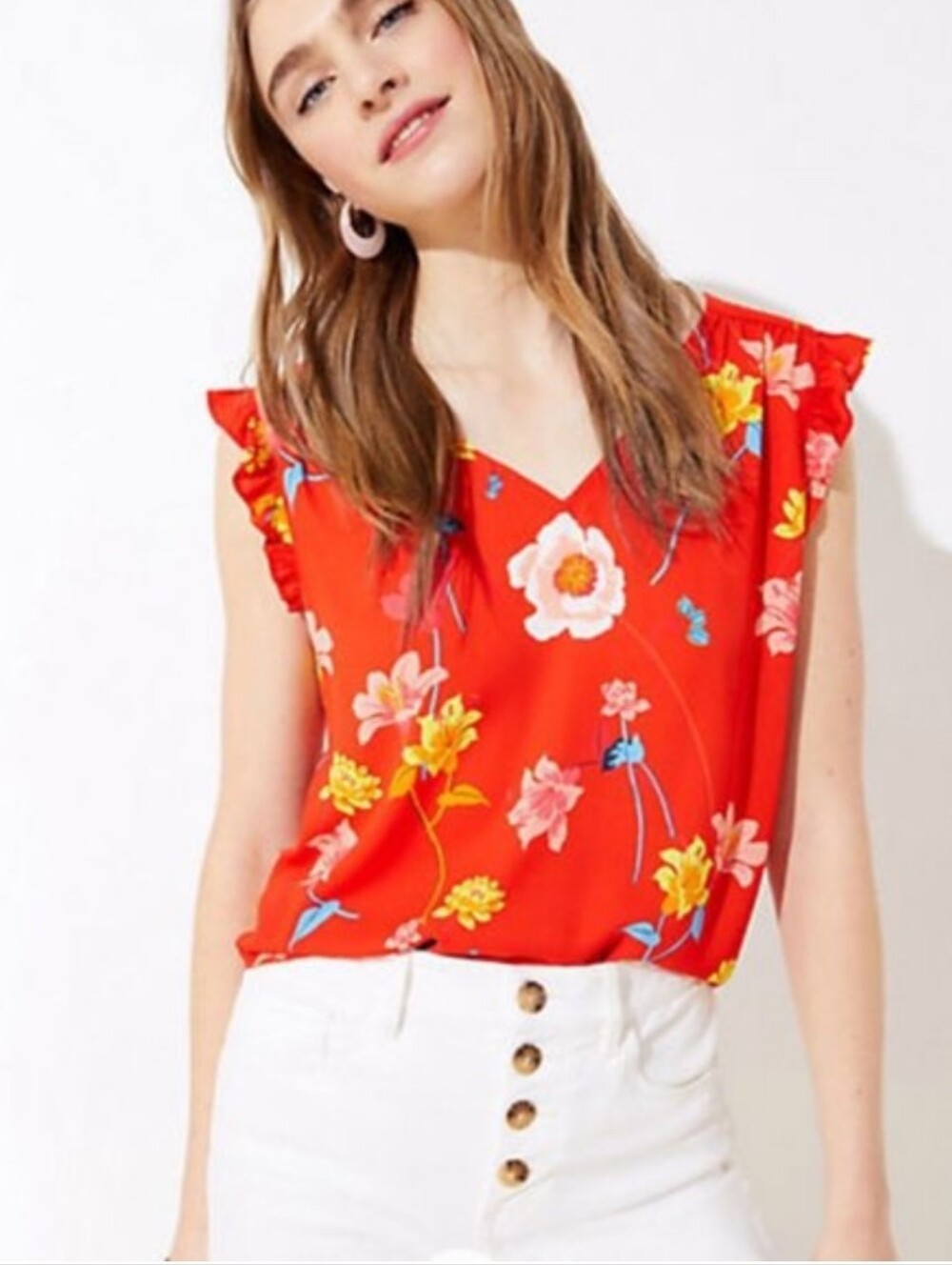 LOFT Red Floral V-Neck Ruffle Sleeve Blouse
